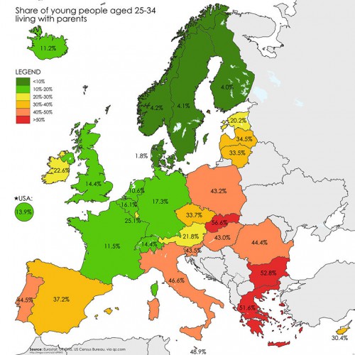 Европейцы (в возрасте 25-34), которые до сих пор живут со своими родителями