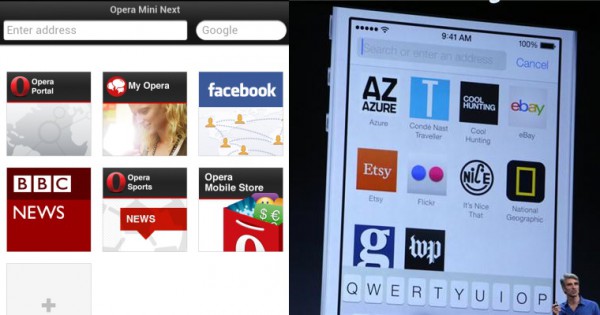 Сходство панели избранного Opera Mini и Safari