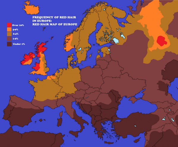 Уровень концентрации рыжеволосых в Европе