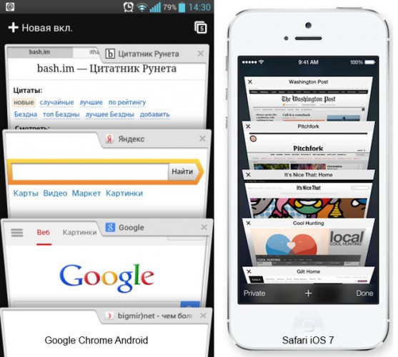 Сходство вкладок браузеров Chrome и Safari