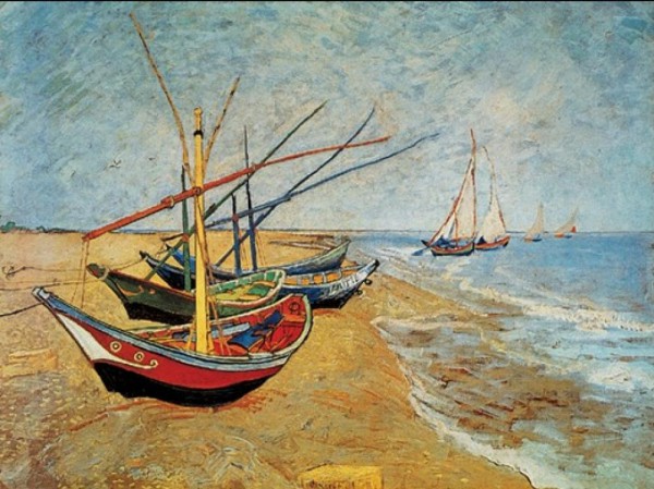 Ван Гог. Лодки на пляже Сен-Мари-де-ла-Мар (1888). В июне 1888 г. Винсент провел пять дней на Средиземном море, где много рисовал рыбацкие лодки, местные уютные домишки и цыганские таборы.