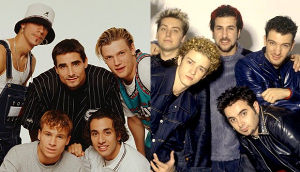 Парни из групп Backstreet Boys (слева) и 'NSync (справа) решили посмеяться над тем, что их некогда культовые поп-группы ушли в забвение