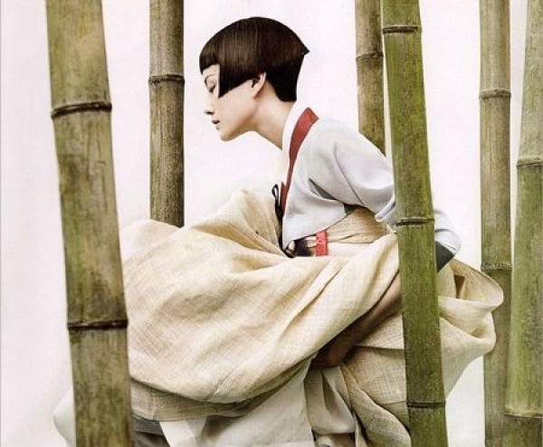 Фрагмент фото, съемка для Vogue Korea 2007. Ханбок - традиционный костюм жителей Кореи.
