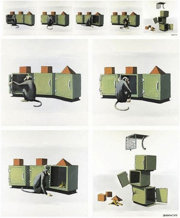 Бэнкси «Simple Intelligence Testing»
(2000). Цена: $ 1 265 120. Продана в феврале 2008 года (Sotheby’s Contemporary Art Day Auction).