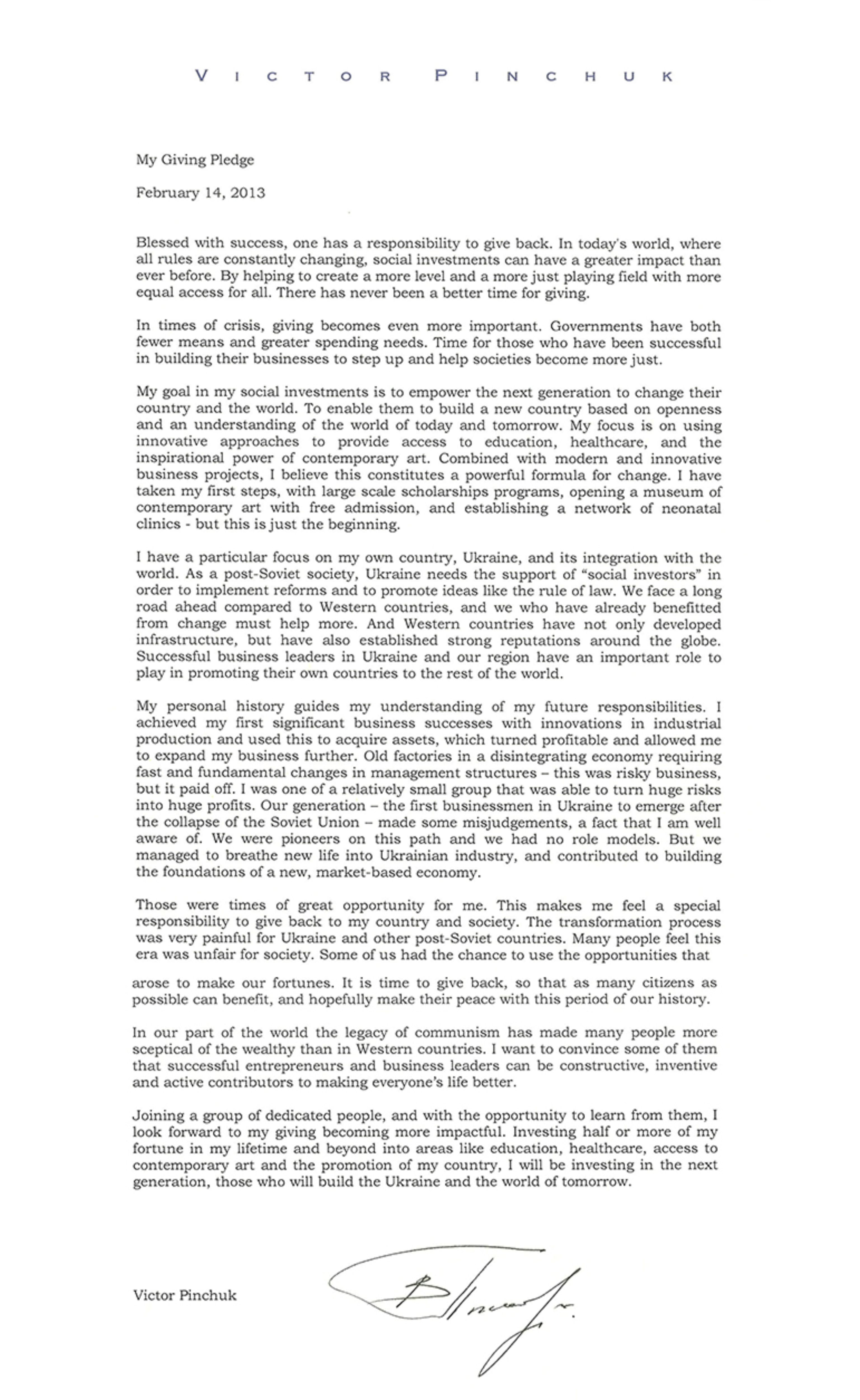 Письмо Виктора Пинчука под названием My Giving Pledge