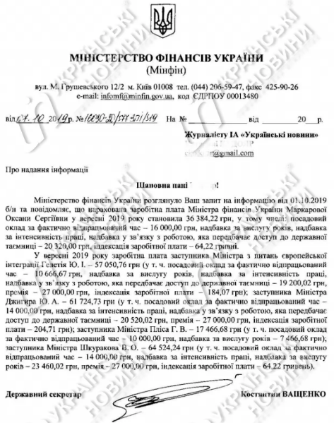 Зарплата министра финансов