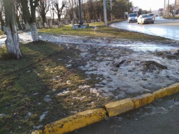 На газоне хорошо видны следы от колес