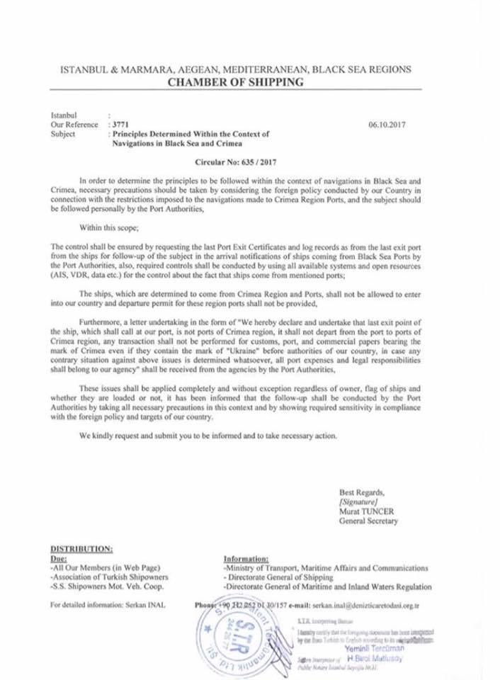 Предписание на турецких портов относительно кораблей из Крыма