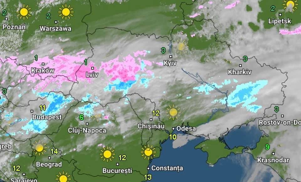 Снег пришел в Украину (помечено розовым)