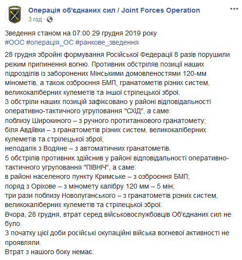 Выстрелы зафиксированы в районе ответственности оперативно-тактического группировки “ВОСТОК