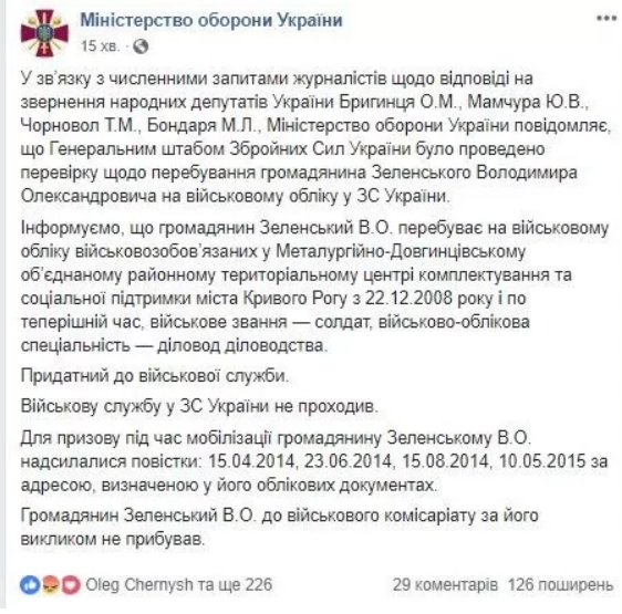 Пост Минобороны в апреле