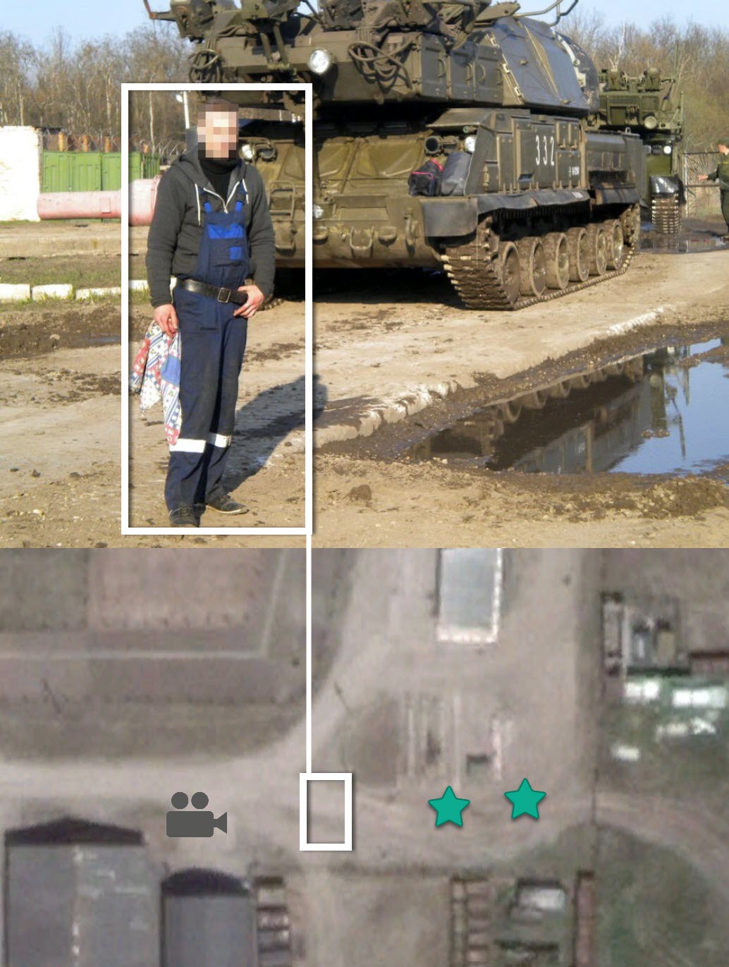 Слева внизу: фотография механика, вероятно 2013 года, на которой виден Бук 332. Слева вверху: фотография курсанта, снятая в августе 2014 года, также виден розовый контейнер