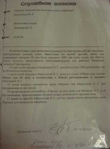 Служебная записка из уголовного дела. Завгар ИСД отчитывается об оказанной помощи. Упомянутые в отчете 5 тысяч гривен до Микитиных так и не дошли.