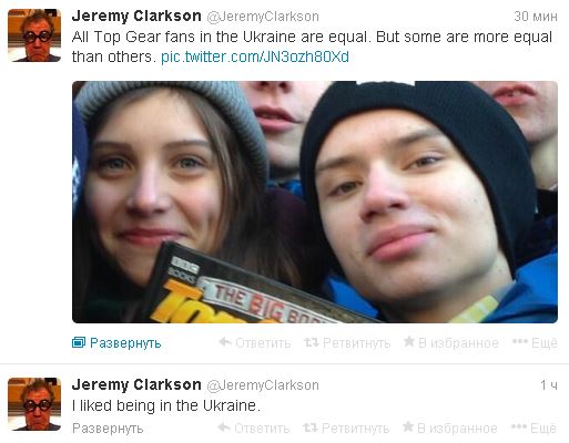 Джереми Кларксону в Украине понравилось. Об этом он написал в Твиттере