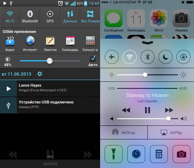 Сходство шторки Android и Control Center iOS 7 beta